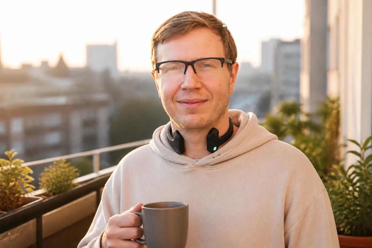 Man on a balcony wearing Pulsetto compared with other vagus nerve devices