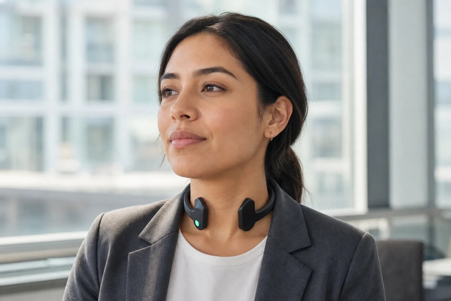 Professional using a Pulsetto vagus nerve stimulation device during a calm break
