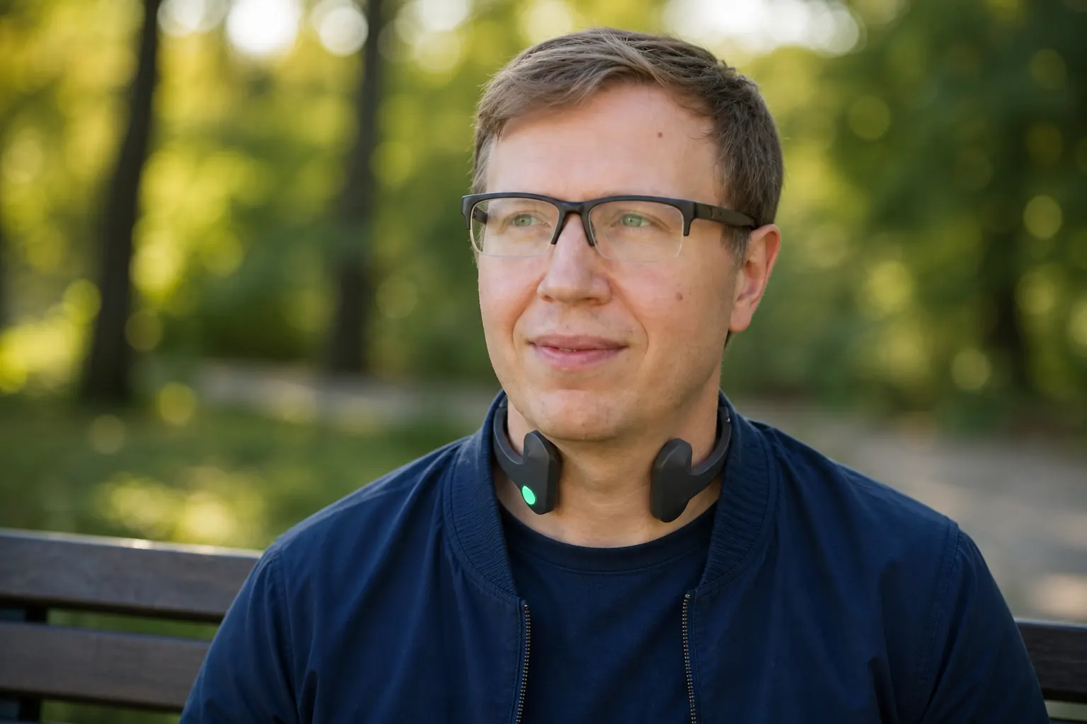 Man outdoors wearing a Pulsetto device for vagus nerve stimulation reviews
