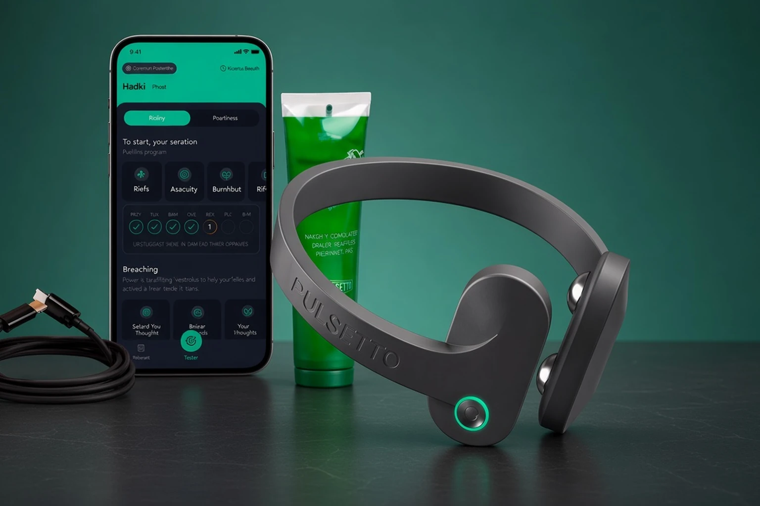 Pulsetto vagus nerve stimulation device centered on a soft green background