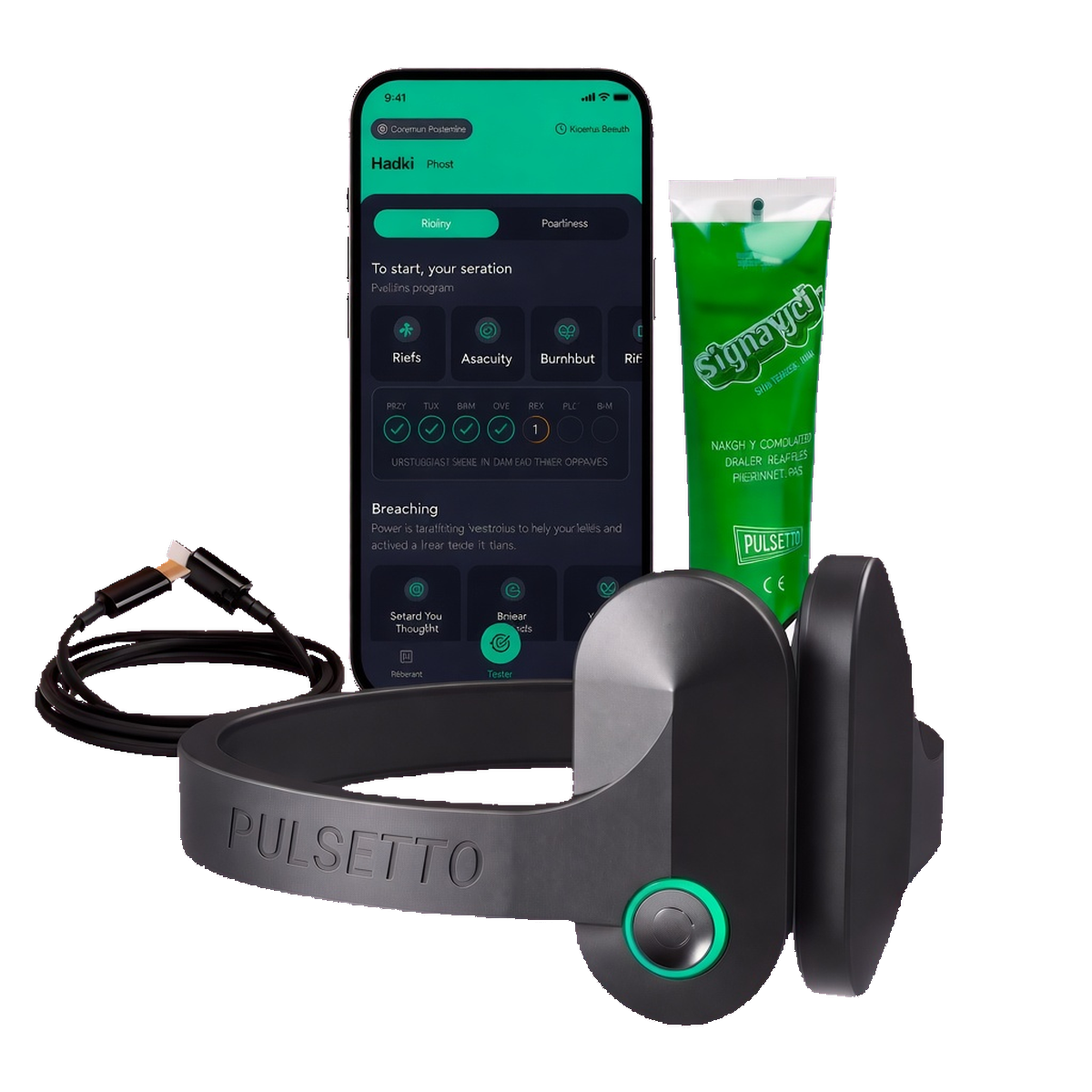 Pulsetto kit with device, app, gel, and charging cable