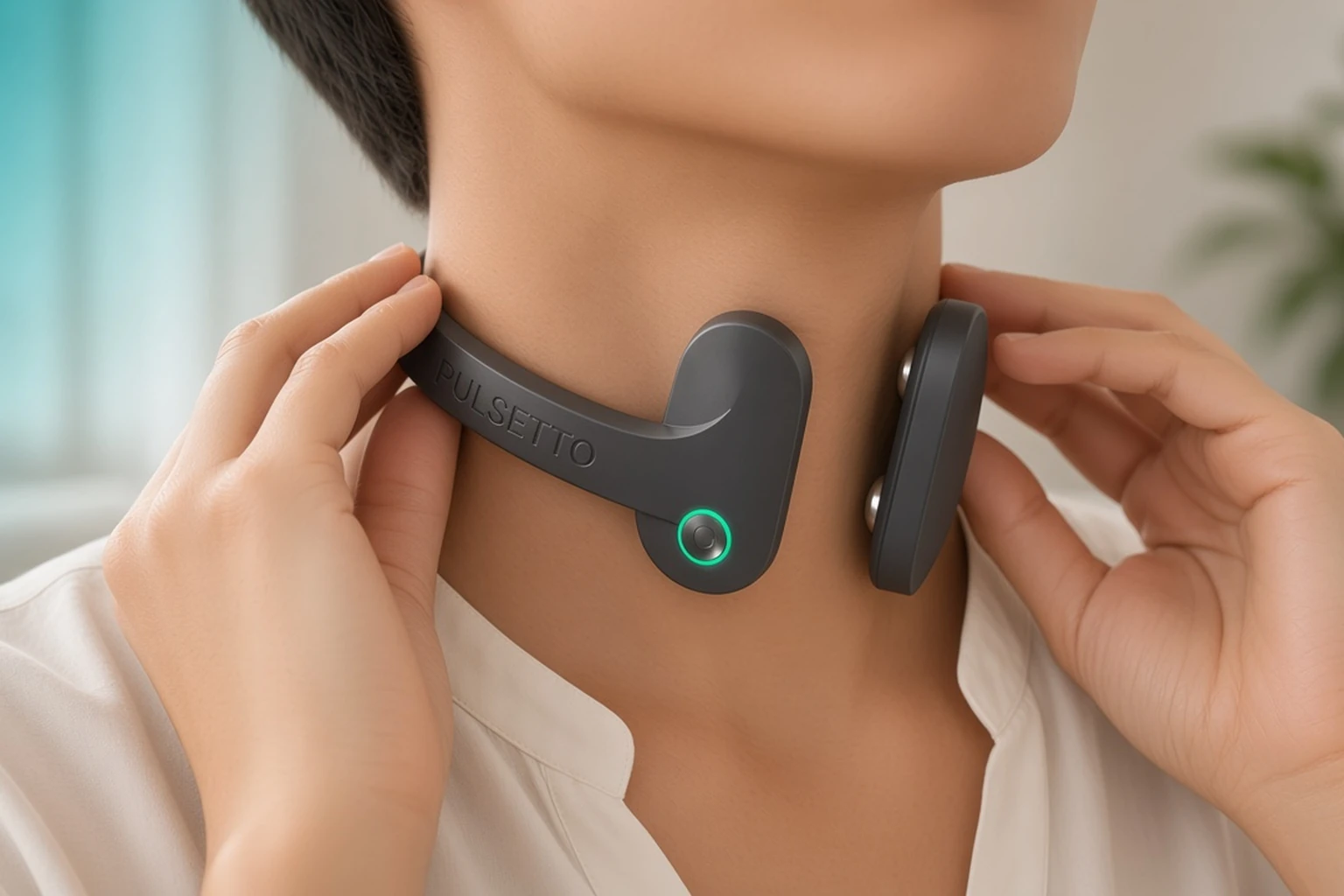 Man relaxing at home wearing Pulsetto compared with Amofit S wearable options
