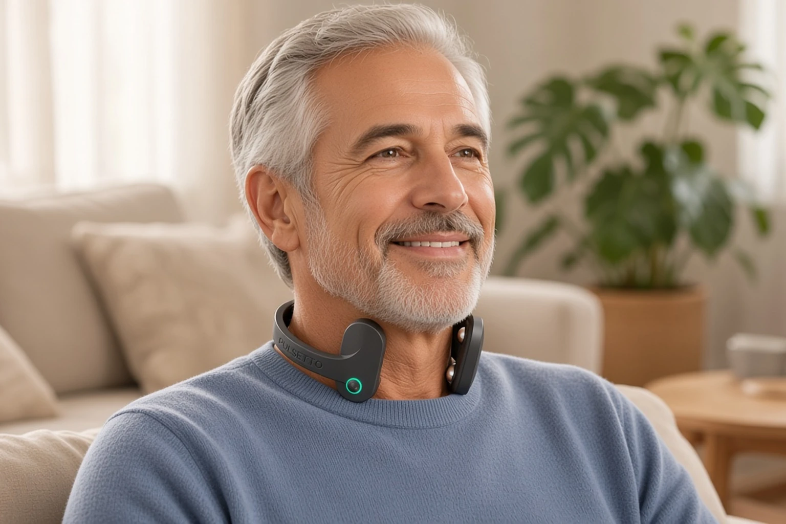 Woman using Pulsetto for vagus nerve stimulation during a morning calm session