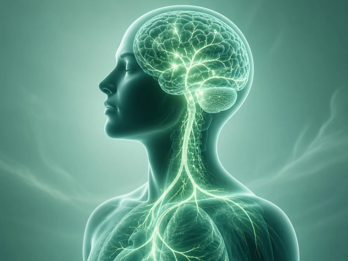 Scientific illustration of the vagus nerve pathway from brain to body