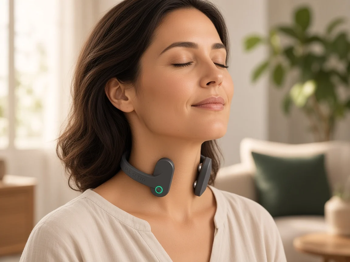 Woman calmly wearing a Pulsetto vagus nerve stimulator at home